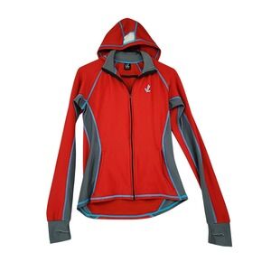 JL Velo‎ Jacket M Wom Hood Full Zip Red Gray Blue Cycling Biking Jersey Knit USA